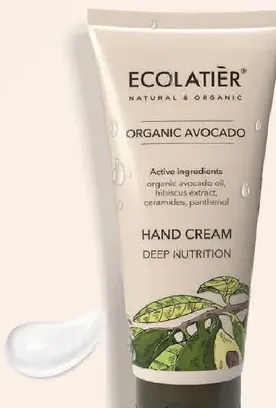 Hand cream with organic avocado oil, hibiscus extract, ceramides, and panthenol for deep nutrition.