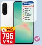 Samsung Galaxy A26 with a 6.5-inch display, 50 MP camera, 128 GB storage, and 5000 mAh battery.