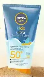 NIVEA SUN Kids Ultra Protection Sun Lotion with SPF 50 for sensitive skin.