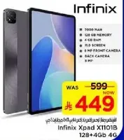 Infinix Xpad X101B with 128 GB memory, 4 GB RAM, 10.1 inch screen, 8 MP front camera, and back camera.