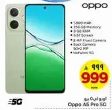 Oppo A5 Pro 5G with 5800 mAh battery, 256 GB memory, 8 GB RAM, 6.67 inch screen, 8 MP front camera, and back camera 30+2 MP. Supports 5G network.