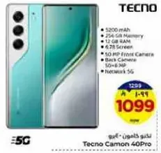 Tecno Camon 40 Pro with 5200 mAh battery, 256 GB memory, 12 GB RAM, 6.7 inch screen, 50 MP front camera, 108 MP back camera, and 5G network.