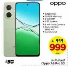 Oppo A5 Pro 5G with 5800 mAh battery, 256 GB memory, 8 GB RAM, 6.67 inch screen, 8 MP front camera, and back camera 3042 36P. Network 5G.