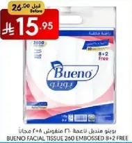 Bueno facial tissue 260 embossed 8+2 free.