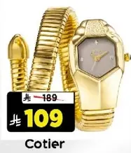 A stylish gold snake-shaped watch from Cotier.