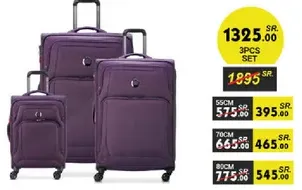 3 pieces luggage set in purple color, includes sizes 55cm, 70cm, and 80cm.