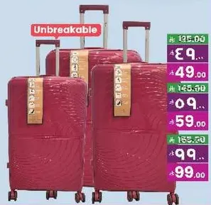 Unbreakable luggage available in various sizes.