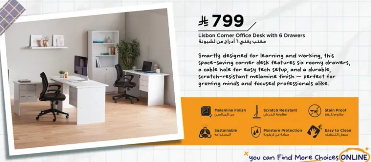 Smartly designed for learning and working, this space-saving corner desk features six roomy drawers, a cable hole for easy tech setup, and a durable, scratch-resistant melamine finish - perfect for growing minds and focused professionals alike.