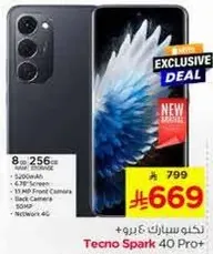 Tecno Spark 40 Pro with 8GB RAM and 256GB storage, featuring a 6.79-inch screen and a 50MP black camera.