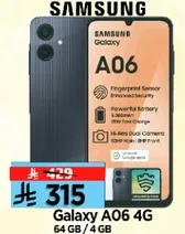Samsung Galaxy A06 4G with 64 GB storage and 4 GB RAM. Features a fingerprint sensor, enhanced security, powerful battery, and a high-resolution dual camera.