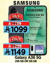 Samsung Galaxy A36 5G with 256 GB or 128 GB storage.
