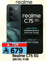 Realme C75 5G with 256 GB storage and 8 GB RAM. Long-lasting 6000mAh battery with 45W fast charge. Ultra-slim design.