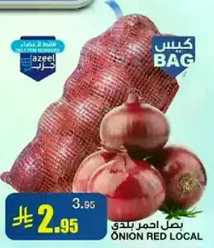 Local red onions in a bag.