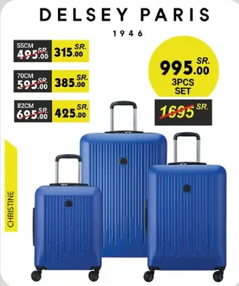 Delsey Paris luggage set, includes three pieces in blue.