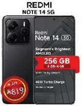Redmi Note 14 5G with 256 GB storage and 8 GB RAM. Features the segment's brightest AMOLED display and 46W Turbo Charge.