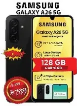 Samsung Galaxy A26 5G with 128 GB storage, 6 GB RAM, and a triple camera.