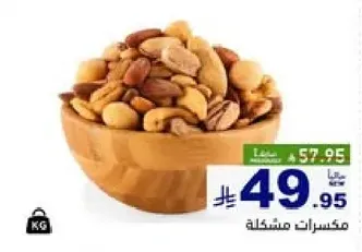 Mixed nuts in a wooden bowl.