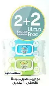Free 2 with the purchase of 2 packs of baby wipes for children.