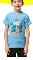 A blue t-shirt featuring a fun graphic design with palm trees.