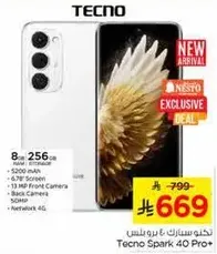 Tecno Spark 40 Pro with 8GB RAM and 256GB storage, featuring a 6.78-inch screen, 13 MP front camera, and 50 MP back camera.
