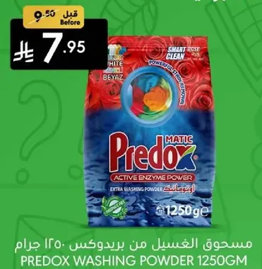 Predox Washing Powder 1250g with extra enzyme power for effective cleaning.