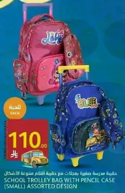 School trolley bag with pencil case, assorted design.