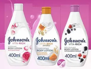 Johnson's Vita-Rich body lotion comes in three variants: Soothing with rose water, Comforting with yogurt, honey & oats, and Replenishing with raspberry extract.