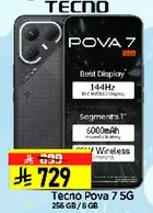Tecno Pova 7 5G with 256 GB storage and 8 GB RAM. Features a 144Hz display and a powerful 6000mAh battery with wireless charging.