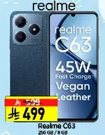 Realme C63 with 256 GB storage and 8 GB RAM, featuring 45W fast charge and vegan leather design.