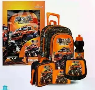 A complete set featuring a Monster Truck design, including a backpack, water bottle, and accessories.