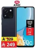 itel A50C smartphone with 3GB RAM and 64GB storage.