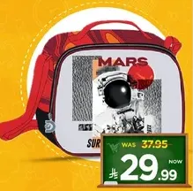 A stylish lunch bag featuring a Mars astronaut design, perfect for school or outings.