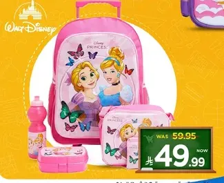 Disney Princess backpack set including a backpack, lunch box, and water bottle.