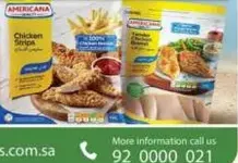 Chicken strips made from 100% chicken breast, served with fries and sauce.