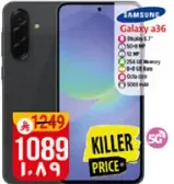 Samsung Galaxy A36 with 5G connectivity, 6.7-inch display, 50 MP camera, 256 GB memory, and 8 GB RAM.