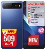 Infinix Hot 60i with 50 MP camera, 1 MP front camera, 256 GB memory, 8 GB RAM, octa-core processor, and 6000 mAh battery.