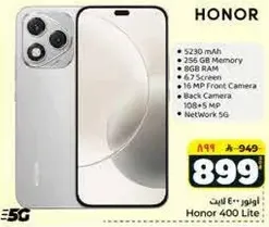 Honor 400 Lite with 5230 mAh battery, 256 GB memory, 8 GB RAM, 6.7 inch screen, 16 MP front camera, 108 MP back camera, and 5G network.
