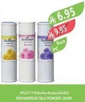 Enchanting talc powder in three delightful scents: Charming, Romantic, and Lovely.
