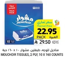 Mouchir tissues, 2 ply, 10 packs, 10 x 160 counts.