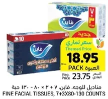 Fine facial tissues, 7x3x80-130 counts.