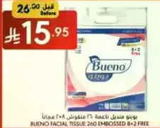 Bueno facial tissue 260 embossed 8+2 free.