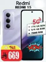 Redmi 15 with 256 GB ROM and 8 GB RAM, featuring 5G connectivity and a 7000 mAh battery.