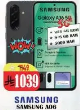 Samsung Galaxy A36 5G with 256 GB ROM, 8 GB RAM, and 5000 mAh battery.