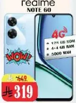Realme Note 60 with 12GB ROM and 4GB RAM, featuring a 5000 mAh battery.