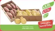Special offer on fresh fruits including sweet potatoes and pears.