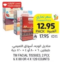 TM Facial Tissues, 2 PLY, 6 x 80 or 4 x 120 counts.