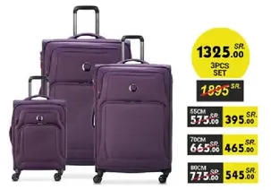 3-piece luggage set in purple color, includes various sizes for travel convenience.
