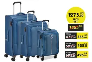 3-piece luggage set in blue color, includes sizes 55cm, 71cm, and 82cm.