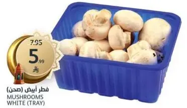 White mushrooms in a tray.