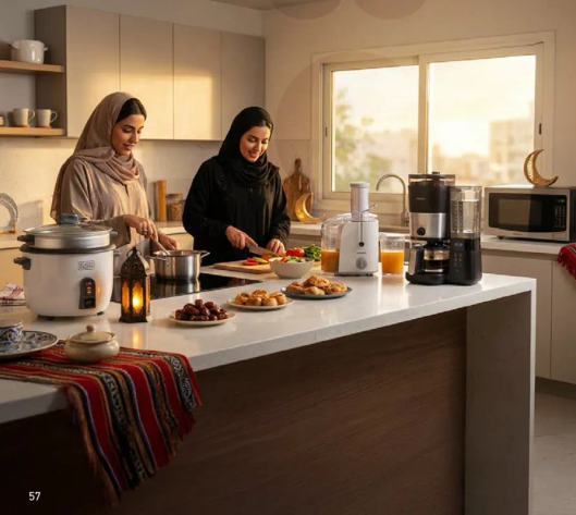 مشهد مطبخ حديث يظهر امراتين تحضران الطعام باستخدام اجهزه مطبخ متنوعه.